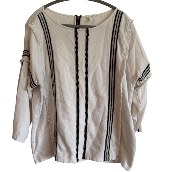 LOFT Tops - Loft shag fringe trim cream black striped cotton blouse top Anthropologie work